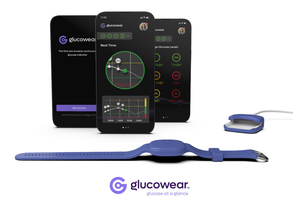 European Product Design Award Personal/Wellness and Beauty: Other Designs category winner Glucowear by Afon Technology - Glucowear looks like a rounded square device about the size of 50p coin with straps similar to a smart watch. It is lilac with a silver buckle. The lilac compact charging port sits to the left, designed for the Glucowear device to slide in and charge. Two smartphones display glucose readings in different formats; charts and numbers, and third smartphone displays a ‘get started’ screen for setting up Glucowear. 