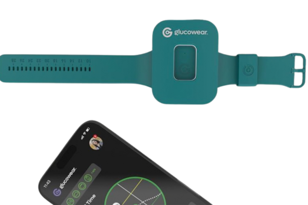 Teal and black wearable Glucowear™ device labelled “Glucowear,” shown beside a smartphone displaying a circular glucose chart.