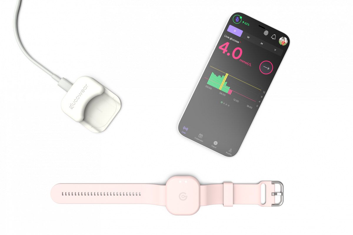 Glucowear, Glucowear Charger and Glucowear Tracker App Examples. The wired Glucowear charger is white with an indentation for the Glucowear device to sit. The Glucowear device is a slightly off-pink colour and a smartphone sits next to it with a mock-up display screen of a 4.0mmol/L reading.